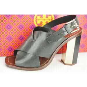 Tory Burch Black Leather Bleeker Wide Strappy Sandals Size 6.5 Hex Heel NIB
